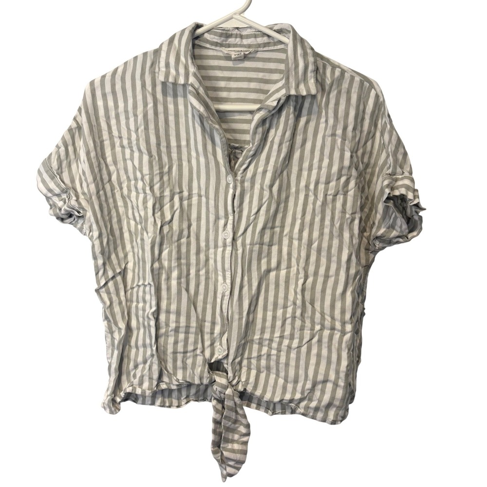 Beachlunchlounge Green White Striped Tie Front Short Sleeve Shirt S Boxy Resort